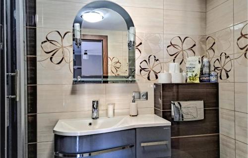La salle de bains est pourvue d'un lavabo et d'un miroir. dans l'établissement Nice Home In Debnica Kaszubska With Kitchen, à Dębnica Kaszubska
