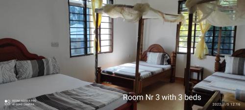 a room with two beds and two windows at Villa Mina beachhouse in Jambiani