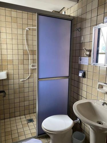 a bathroom with a toilet and a sink at Abdon Batista - Apto completo central, Smart TV in Joinville