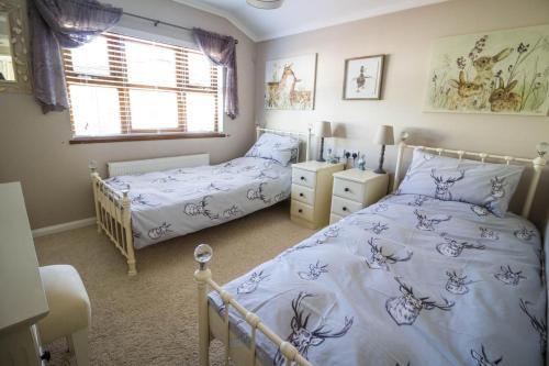 1 dormitorio con 2 camas y ventana en Stunning Lodge With Free Wifi For Hire At Carlton Meres In Suffolk Ref 60013m en Saxmundham