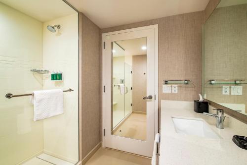 y baño con ducha y lavamanos. en Residence Inn by Marriott Houston Medical Center/NRG Park, en Houston