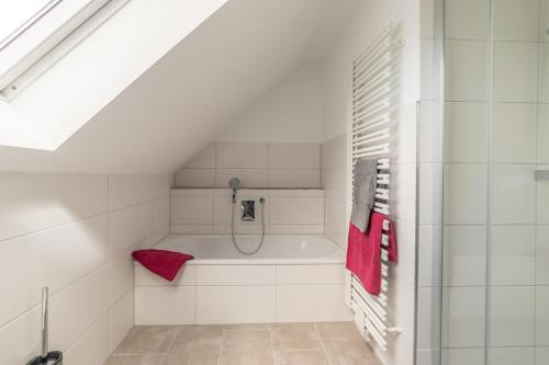 a bathroom with a shower and a bath tub at Ostfreesenhuus - Westwind in Aurich