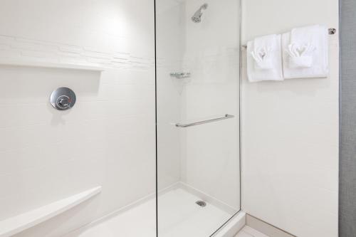 um chuveiro com uma porta de vidro na casa de banho em Residence Inn by Marriott Charlottesville Downtown em Charlottesville
