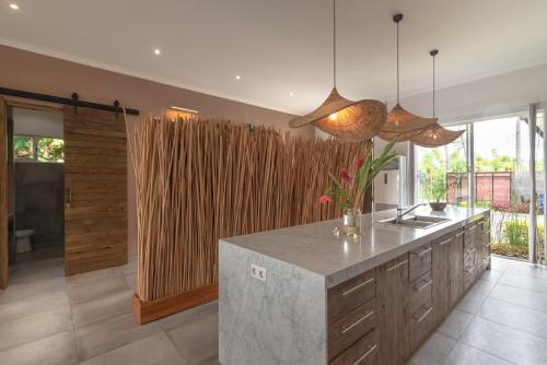 - une cuisine avec un comptoir et un mur en bois dans l'établissement Villa Lou, à Banjar