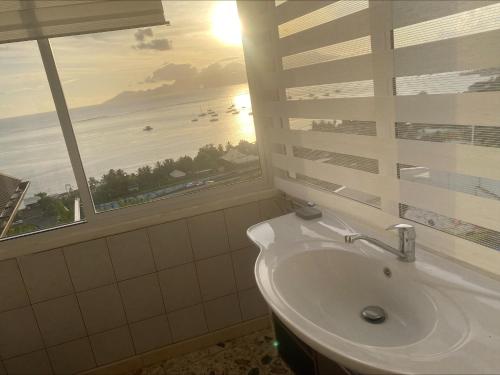 a bathroom with a sink and a window with the ocean at chez Karine et Robert in Punaauia
