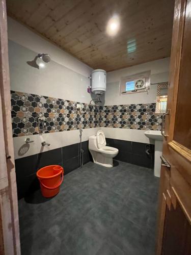 a bathroom with a toilet and a sink at Hotel Neelgiri - Manali Diaries in Manāli
