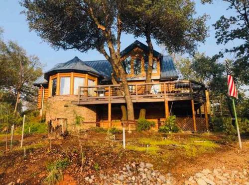 a house on a hill with a tree in front of it at The Happy Bear Lodge in Shasta Lake