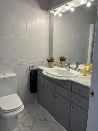 łazienka z umywalką, toaletą i lustrem w obiekcie Bonito apartamento w Marbelli