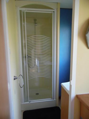 a glass shower in a bathroom with a blue wall at CAMPING LES PAILLOTES in Payrac