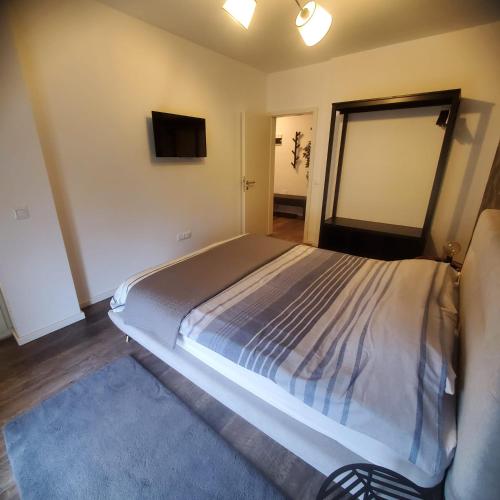 ein großes Bett in einem Zimmer mit Fernseher in der Unterkunft Commodores Quarters in Braşov