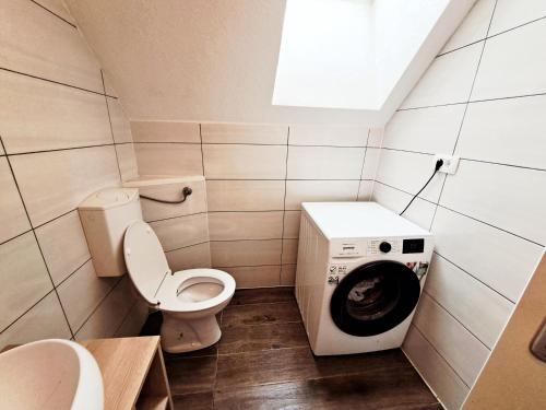 a bathroom with a toilet and a washing machine at Tourist Farm Pr' Maretč in Bohinjska Bistrica