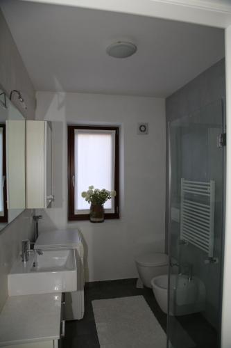bagno con lavandino, servizi igienici e finestra di Relax e natura vicino a Trento a Montagnaga