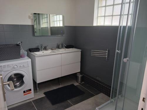 ein Badezimmer mit einem Waschbecken und einer Waschmaschine in der Unterkunft Maison Centre d'Hillion, a 300 M de la plage de l'Hôtellerie,jardin clos ,animaux bienvenus in Hillion