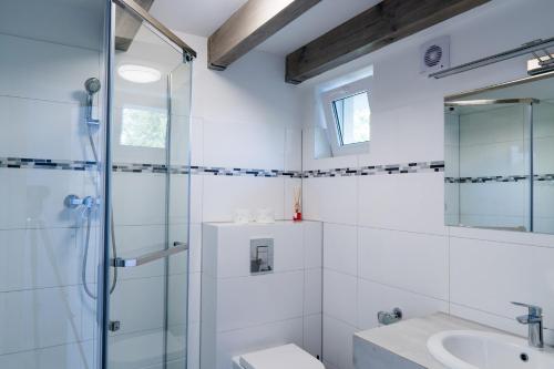 ein Bad mit einer Dusche, einem WC und einem Waschbecken in der Unterkunft Pensjonat Długie Nowicki Rooms & Apartments in Długie