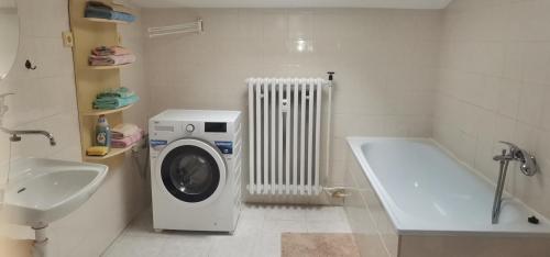 a bathroom with a washing machine and a bath tub at Ubytovanie v súkromí Nová Baňa in Nová Baňa