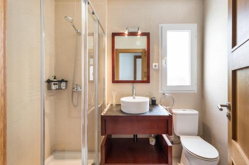 uma casa de banho com um lavatório, um WC e um espelho. em Casadeluxe Villa La Torre Lenguado em Torre-Pacheco