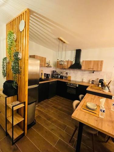 une cuisine avec un réfrigérateur en acier inoxydable et une table dans l'établissement Le Plessis Capitale - Appartement entier avec jardin, au Plessis-Robinson