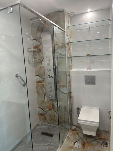 a bathroom with a shower and a toilet at APPARTEMENTS NIA CONFORT, Plein centre ville, avec TERRASSE in Fès