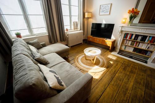 Gîte La Petite Ourse في Andenne: غرفة معيشة بها أريكة وتلفزيون