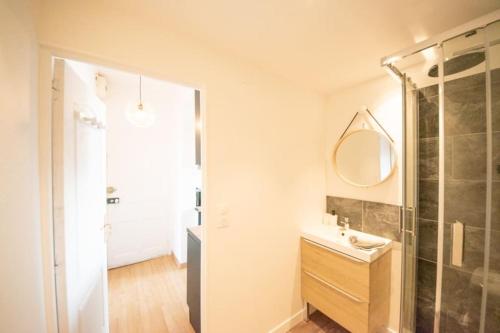 La salle de bains est pourvue d'une douche, d'un lavabo et d'un miroir. dans l'établissement Superbe appartement 2 pièces avec vue mer - Brest, à Brest