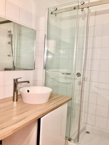 une salle de bain avec un lavabo et une douche en verre dans l'établissement Studio Paradis, à Marseille