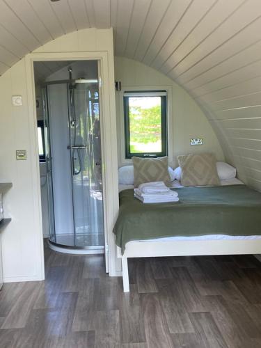 ein Schlafzimmer mit einem Bett und einer Dusche in einem Zimmer in der Unterkunft Kildare countryside pods in Kildare