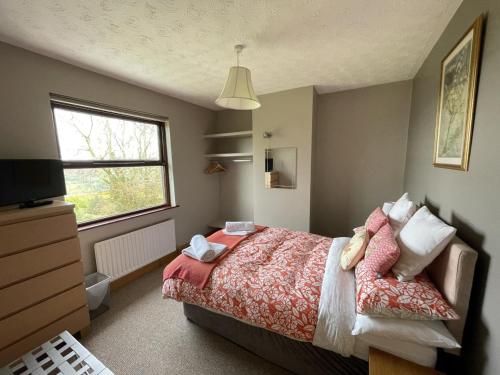 a bedroom with a bed and a tv and a window at Bar View House in Newry