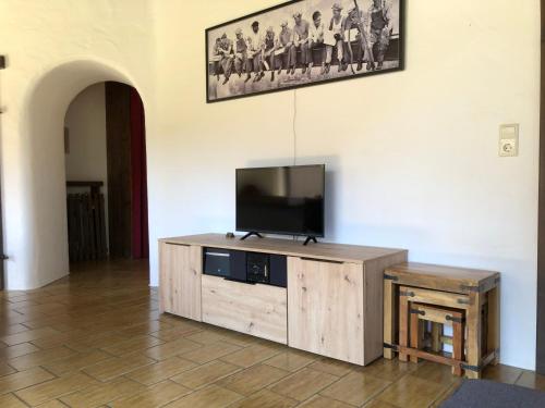 a flat screen tv sitting on top of a wooden cabinet at Apartment Grace, Mountain view in Kaprun