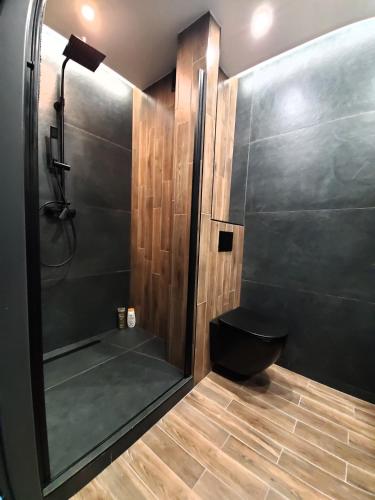 a bathroom with a shower with a black toilet at Happy Place - ApartamentyHappy pl in Mielec