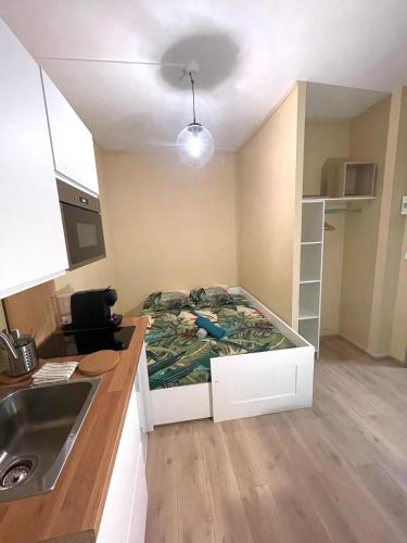 une petite chambre avec un lit dans une cuisine dans l'établissement Petit Studio Centre-Ville n°6, à Besançon