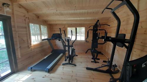 une salle de sport avec tapis de course et vélos d'exercice dans une cabane en rondins dans l'établissement Castell Rose, à Prades
