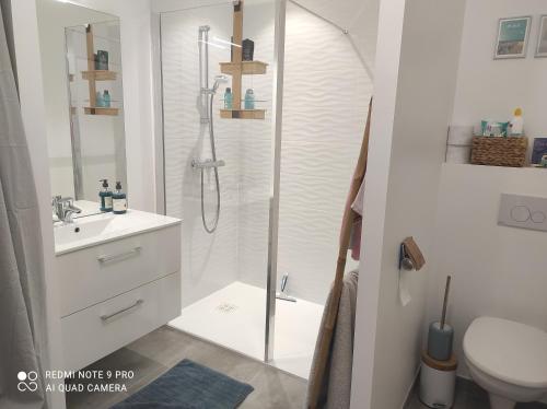 une salle de bain avec une douche, des toilettes et un lavabo dans l'établissement Appartement La Savinière, à La Tranche-sur-Mer