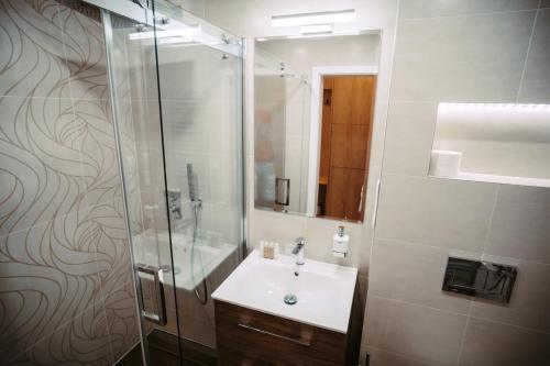 a bathroom with a sink and a shower at Pension JASOPA in Pardubice
