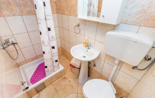 La salle de bains est pourvue de toilettes, d'un lavabo et d'une douche. dans l'établissement Apartman"Zibar", à Skrad