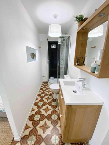 a bathroom with a toilet and a sink and a mirror at Logement T2 ICADE ADP Orly Lenôtre J Monnet JMermoz JO 2024 in Rungis