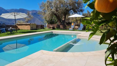a swimming pool with an umbrella and mountains in the background at Tropical Studio in Órgiva