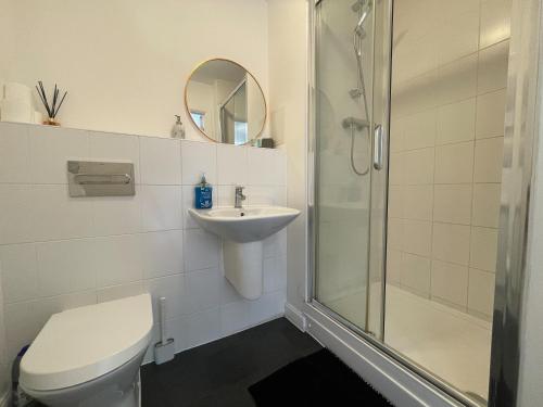 a bathroom with a shower and a toilet and a sink at Stylish Station Apartment in Rochester with Free Parking in Wainscot