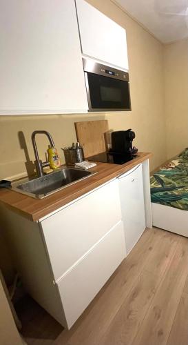 une cuisine avec un évier et un micro-ondes dans l'établissement Petit Studio Centre Ville n°10, à Besançon