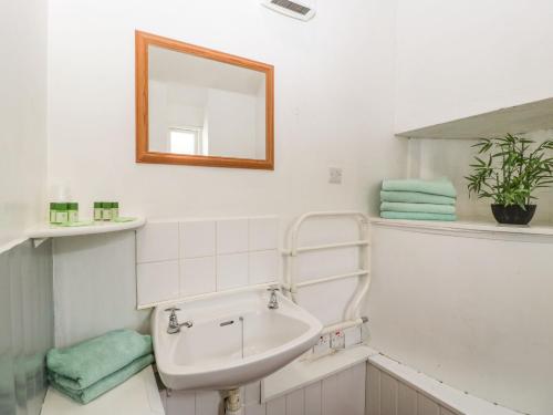 W białej łazience znajduje się umywalka i lustro. w obiekcie Aqueduct Cottage w mieście Abergavenny