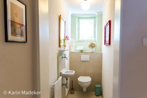 a bathroom with a white toilet and a sink at Design Ferienwohnung mit Bauerngarten in Waldkirchen