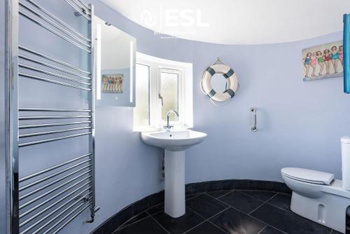 a blue bathroom with a sink and a toilet at Beautiful En Suite 5 Bedroom Home with Sea Views in New Quay
