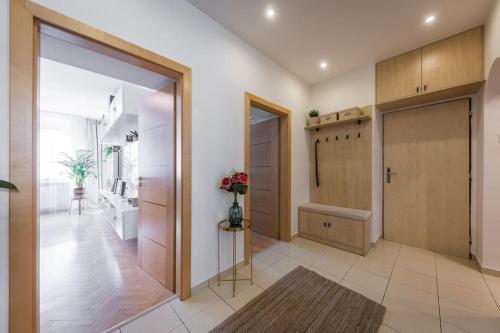 a hallway with a pivot door and a hallway with a bathroom at I & I Apart, Garage - historical old town Bratislava in Bratislava