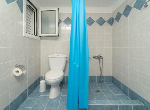 baño con aseo y cortina de ducha azul en ANEMI APARTMENTs, en Finikounta