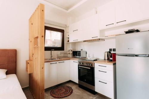 a kitchen with white cabinets and a black appliance at Lux Studio near Center in Heraklio Town