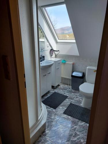 a bathroom with a toilet and a sink and a window at Ubytování u Solárky in Trojanovice