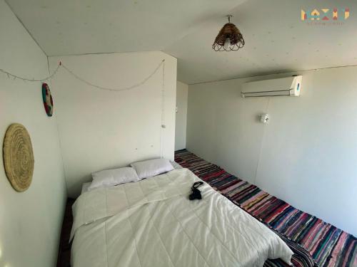 Mazih beach camp في نويبع: غرفة نوم بسرير ابيض وبقطة عليها