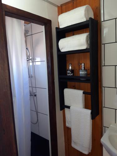 a bathroom with a shower and a toilet and towels at Alojamento Raminho dos Açores in Angra do Heroísmo