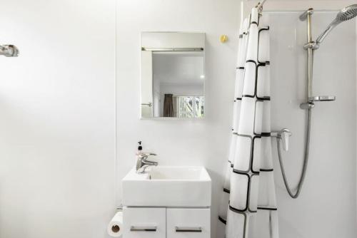 a white bathroom with a sink and a shower at Torbay 1BR Bolthole - WiFi - Seaviews in Auckland