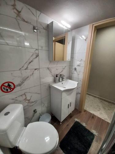 Łazienka z białą toaletą i umywalką w obiekcie Kassandrou Deluxe Apartment w Salonikach