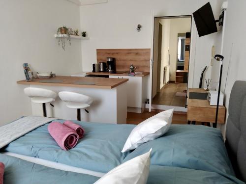 ein Schlafzimmer mit einem Bett und eine Küche mit einer Theke in der Unterkunft Ruhiges Ferienapartment mitten im Zentrum Sankt Pölten in Sankt Pölten